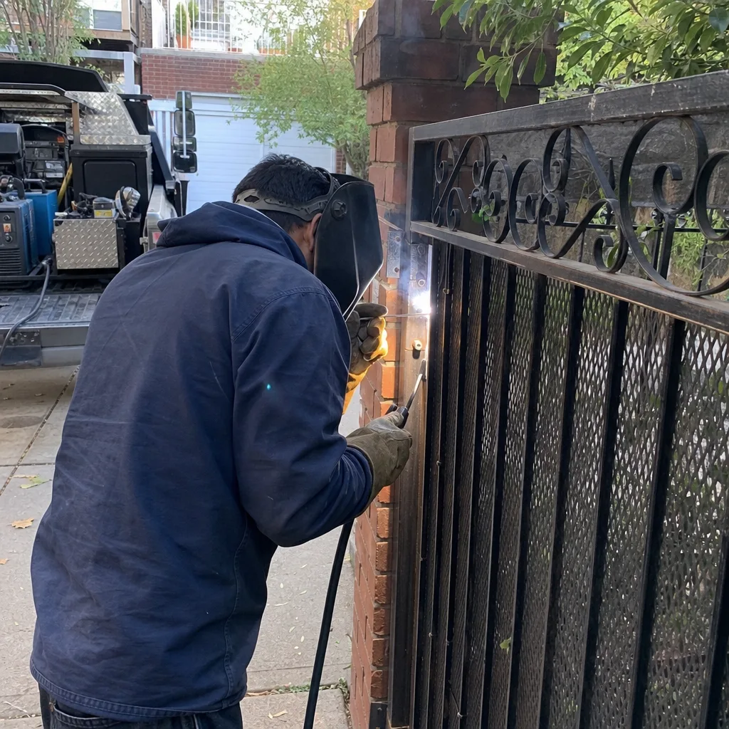 Professional welder performing metal gate repair and hinge welding service