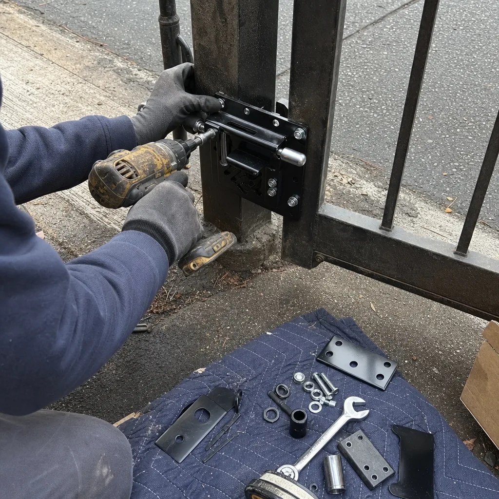 Technician using a power drill to install a metal gate latch