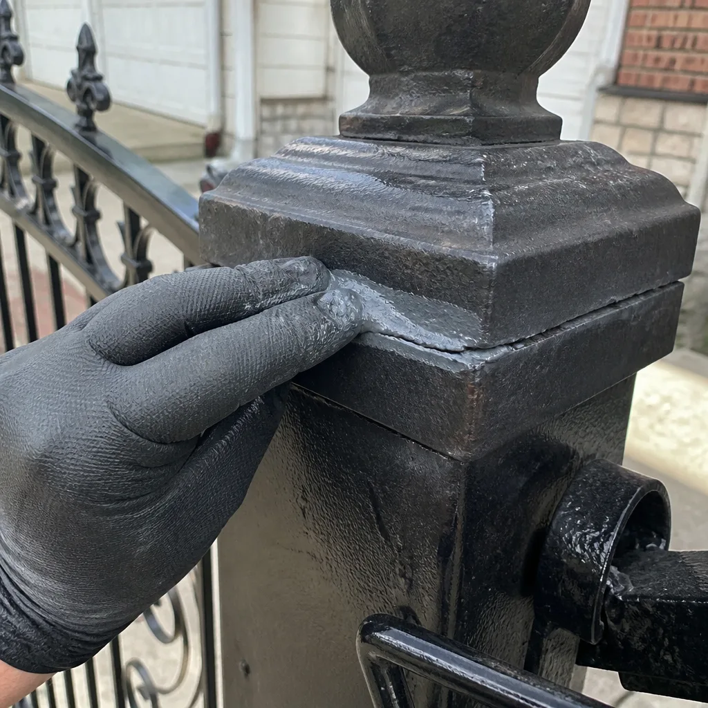 A professional applying sealant during a metal gate repair project.